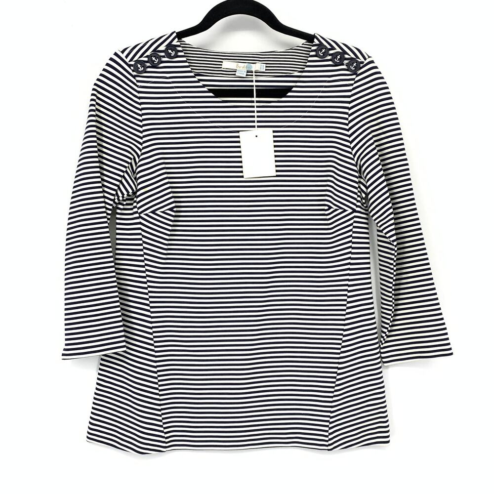 Boden Evie Ponte Top Womens Sz 8 Navy White Striped Nautical Buttons 3/4 Sleeve